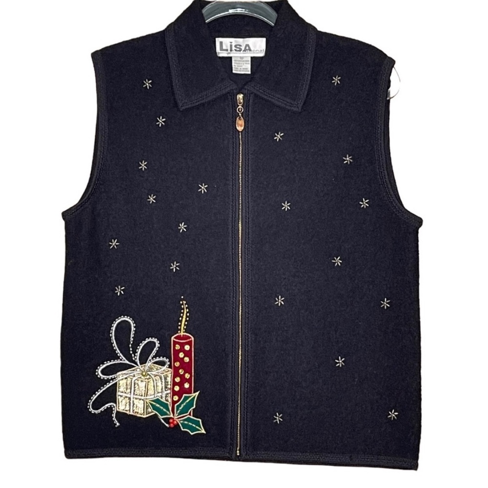 Lisa International Vintage Womens Wool Holiday Christmas Vest Black Size M